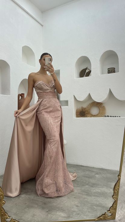 Powder Stone Embellished Strapless Cape Detail Satin Evening Dress