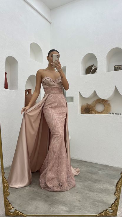 Powder Stone Embellished Strapless Cape Detail Satin Evening Dress