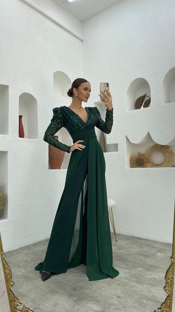 Emerald Green Embroidery Detail Draped Design Chiffon Jumpsuit