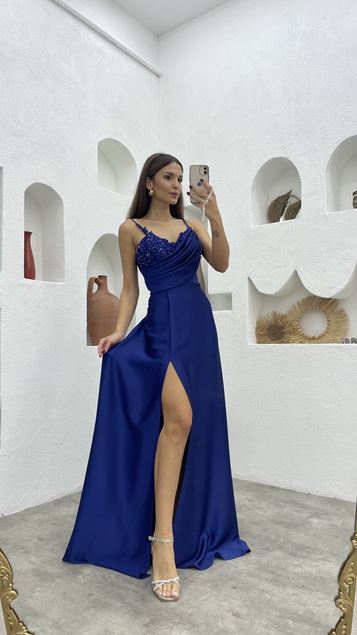 Navy Blue Rope Strap Embroidered Detail Draped Satin Evening Dress