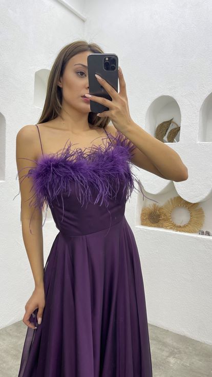 Mor İp Askılı Püsküllü Saten Abiye Elbise