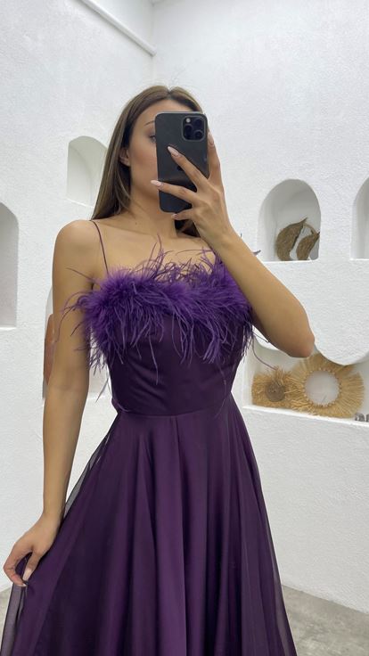 Mor İp Askılı Püsküllü Saten Abiye Elbise