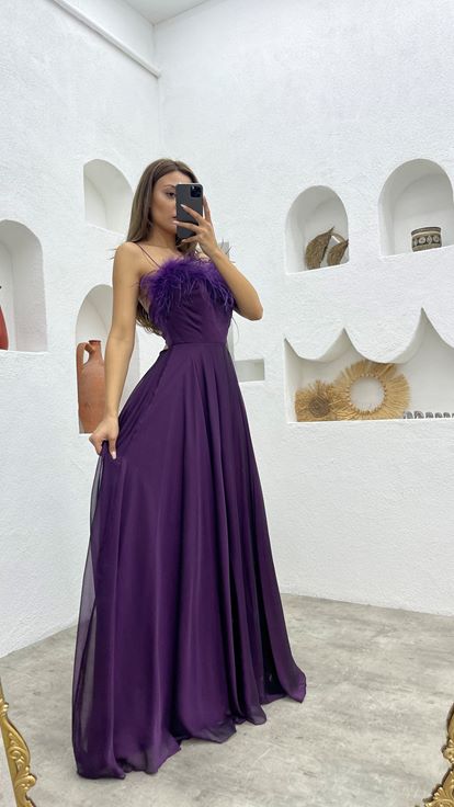 Mor İp Askılı Püsküllü Saten Abiye Elbise