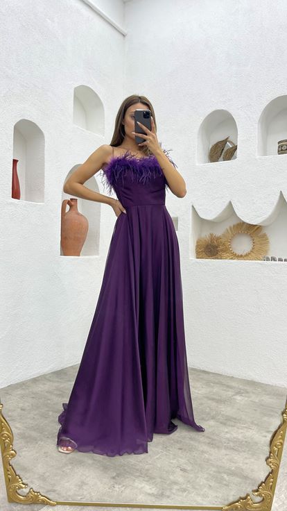 Mor İp Askılı Püsküllü Saten Abiye Elbise