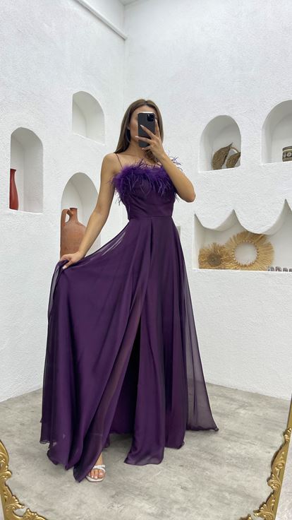 Mor İp Askılı Püsküllü Saten Abiye Elbise