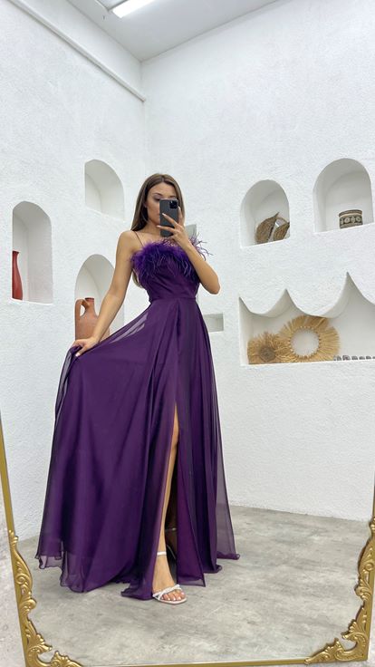 Mor İp Askılı Püsküllü Saten Abiye Elbise