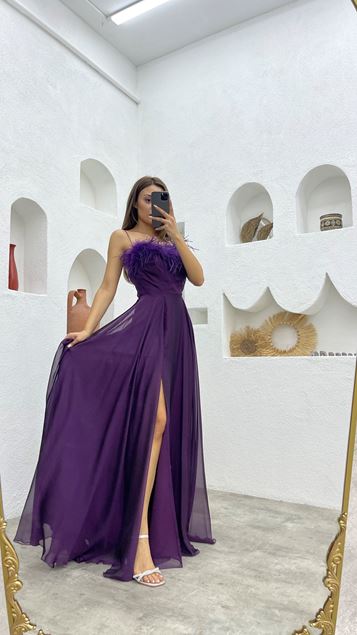 Mor İp Askılı Püsküllü Saten Abiye Elbise