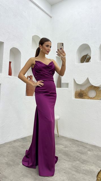 Chaîne Prune Strap Cordon de Serrage Satin Robe de soirée