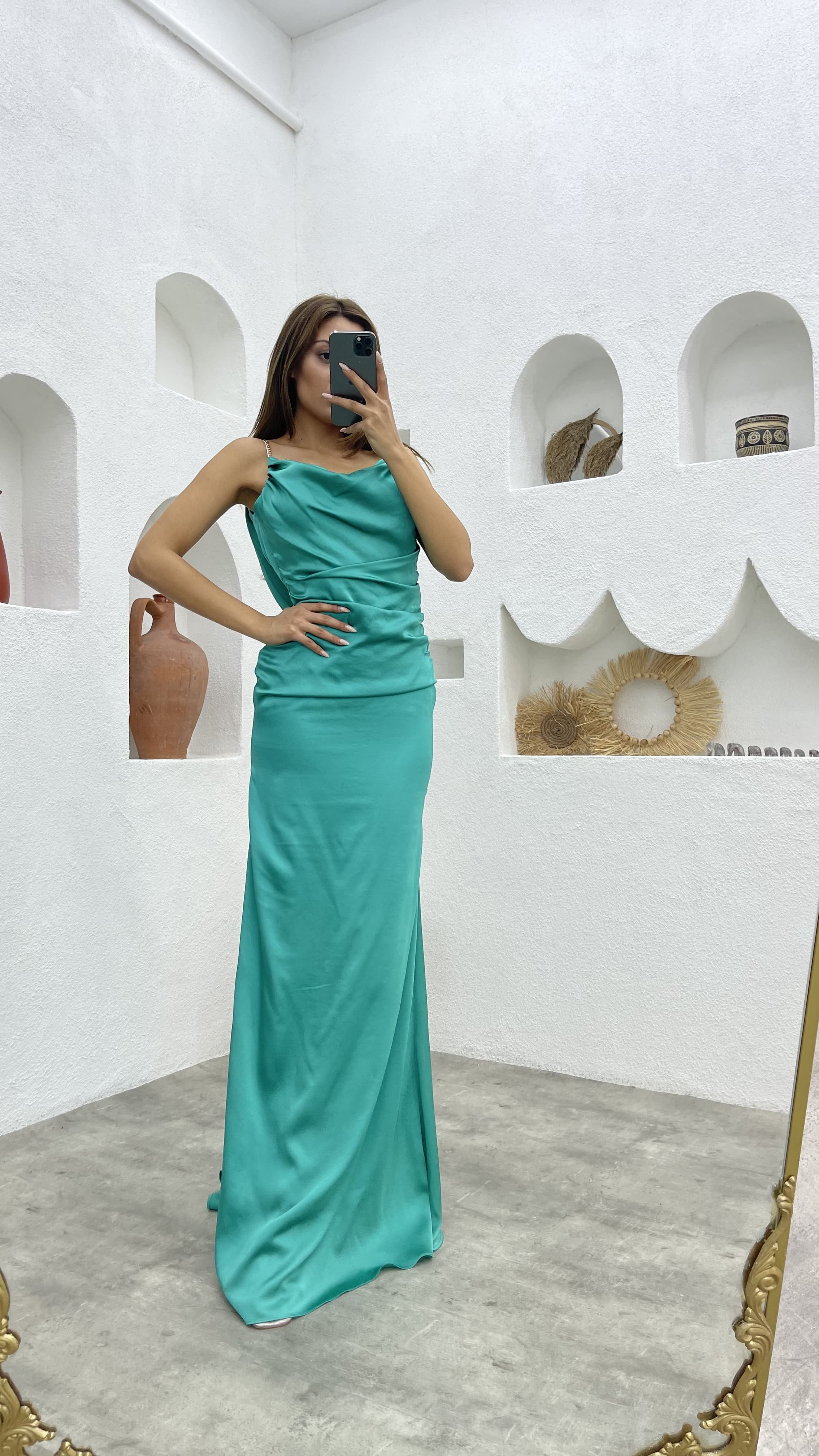 Green Chain Strap Detail Pleated Design Satin Evening Dress