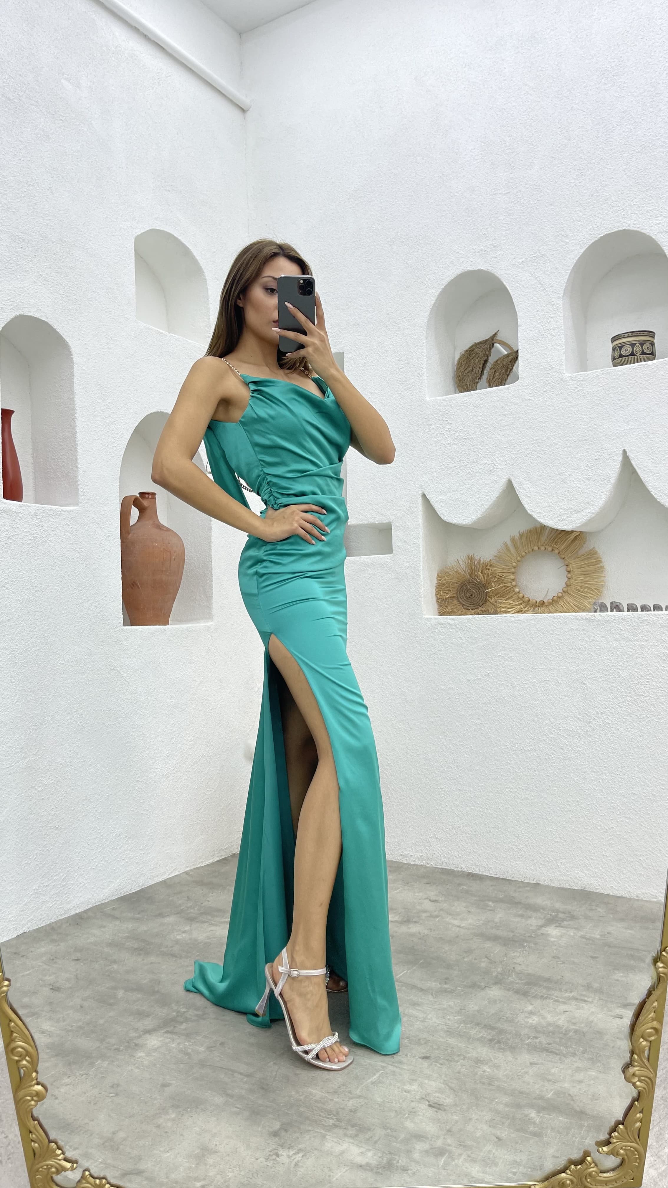 slim fit dress slacks Army Green Satin Halter Gold Chain Mini Dress