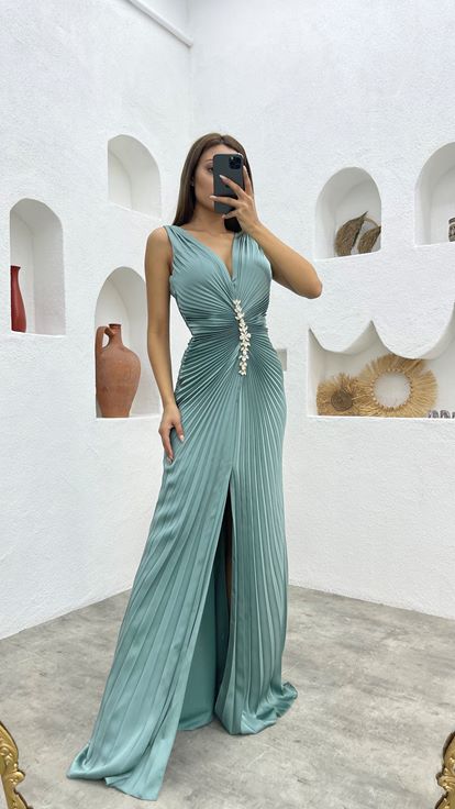 Mint Green Pleated Embroidered Detail Satin Evening Dress