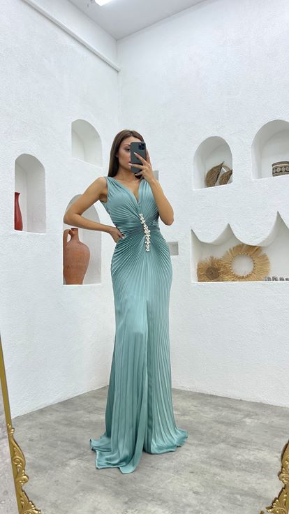 Mint Green Pleated Embroidered Detail Satin Evening Dress