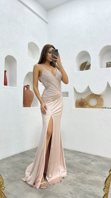 Powder Rope Strap Embroidered Satin Evening Dress