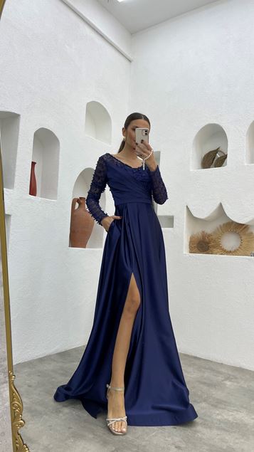Navy Blue Embroidered Detail Draped Satin Evening Dress