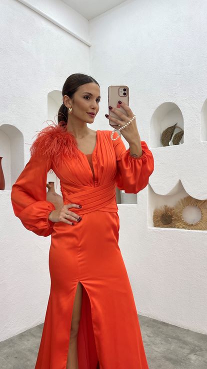 Turuncu Drapeli Omuz Püsküllü Saten Abiye Elbise