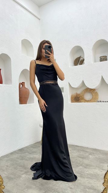 Cinturino di corda nera raso abito da sera con motivo in vita