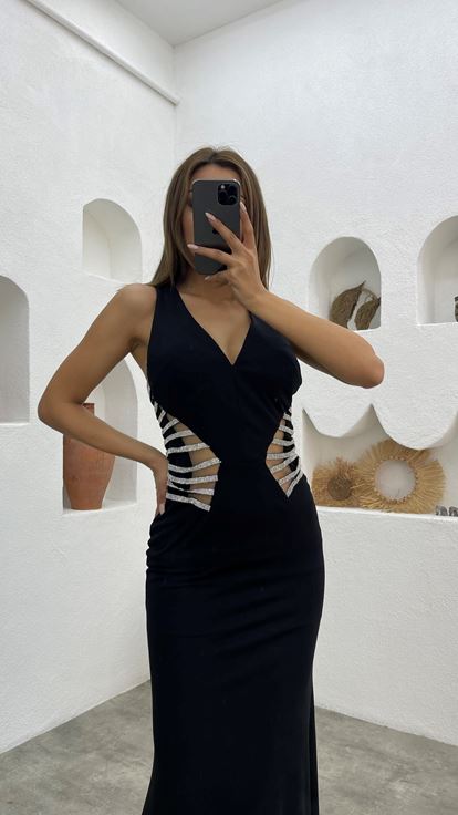 Siyah Beli Motifli Transparan Saten Abiye Elbise