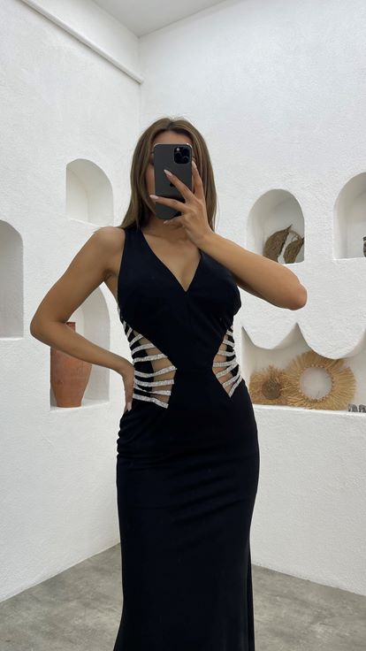 Siyah Beli Motifli Transparan Saten Abiye Elbise