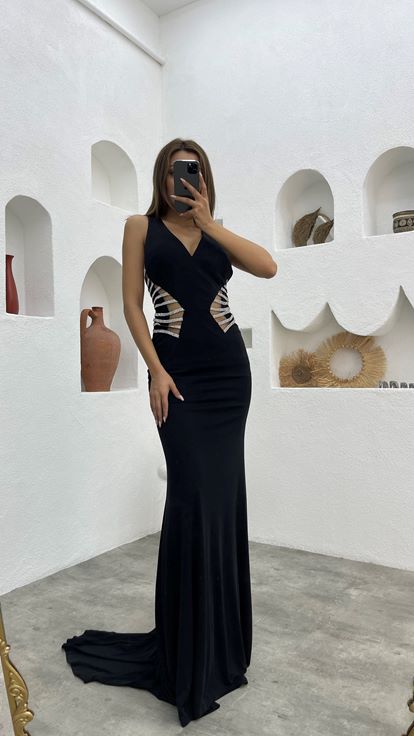 Siyah Beli Motifli Transparan Saten Abiye Elbise