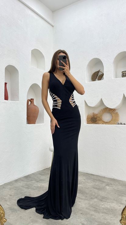 Siyah Beli Motifli Transparan Saten Abiye Elbise