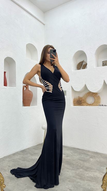 Siyah Beli Motifli Transparan Saten Abiye Elbise