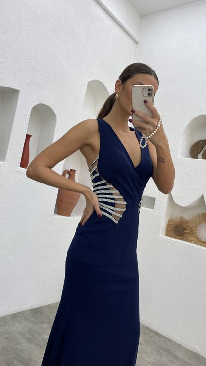 Lacivert Beli Motifli Transparan Saten Abiye Elbise