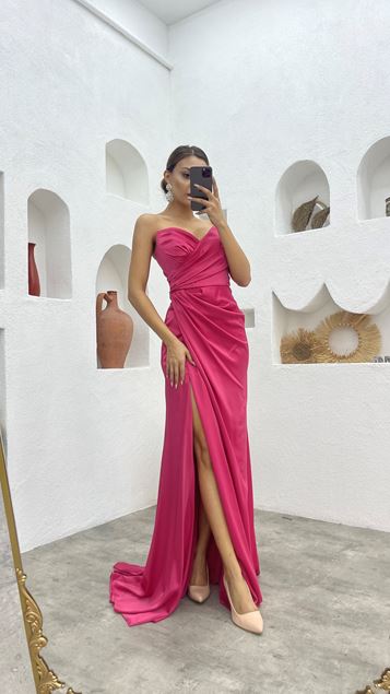 Pink Strapless Ruffle Detail Design Satin Evening Dress