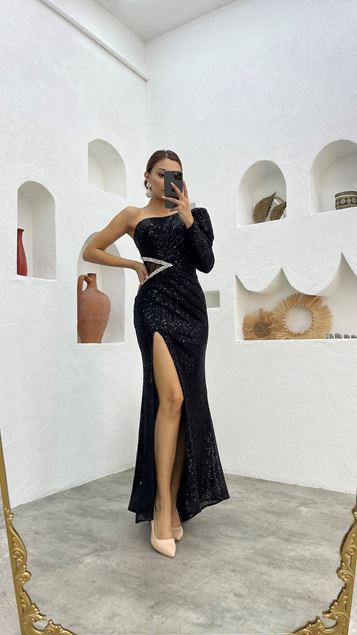 Detalle de cintura negro bordado de una sola manga Vestido de noche de lentejuelas