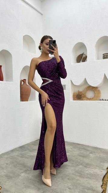 Detalle de cintura ciruela bordado de una sola manga lentejuelas Vestido de noche de lentejuelas