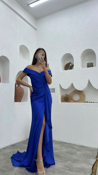 Saks Drapeli Büzgülü Saten Abiye Elbise