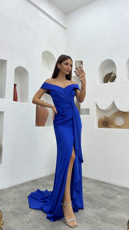 Saks Drapeli Büzgülü Saten Abiye Elbise