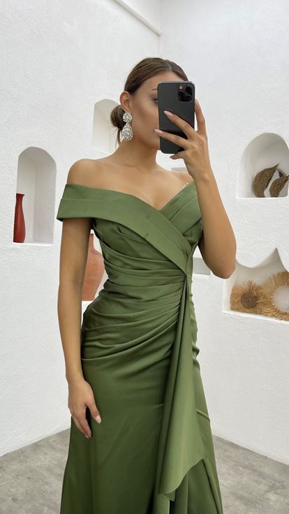 Haki Drapeli Büzgülü Saten Abiye Elbise