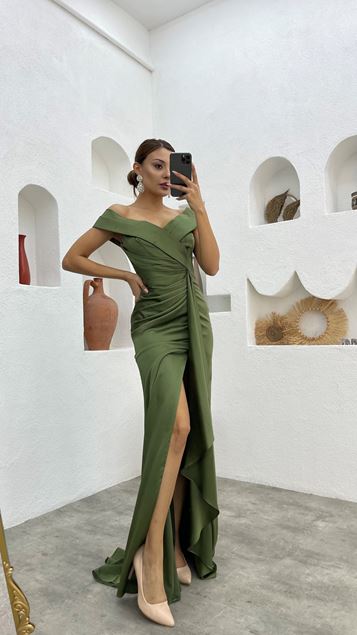 Haki Drapeli Büzgülü Saten Abiye Elbise