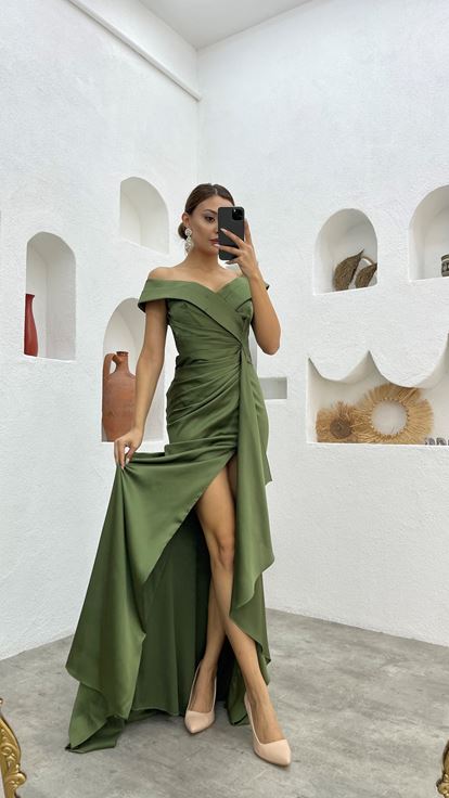 Haki Drapeli Büzgülü Saten Abiye Elbise