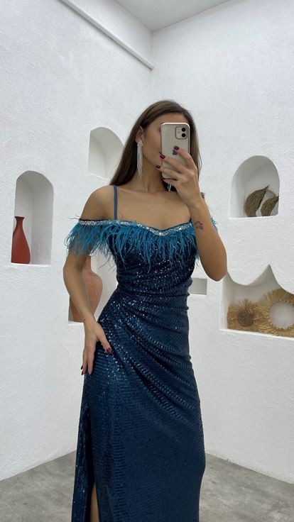 Turquoise Rope Strap Feather Detail Sequin Sequin Evening Dress