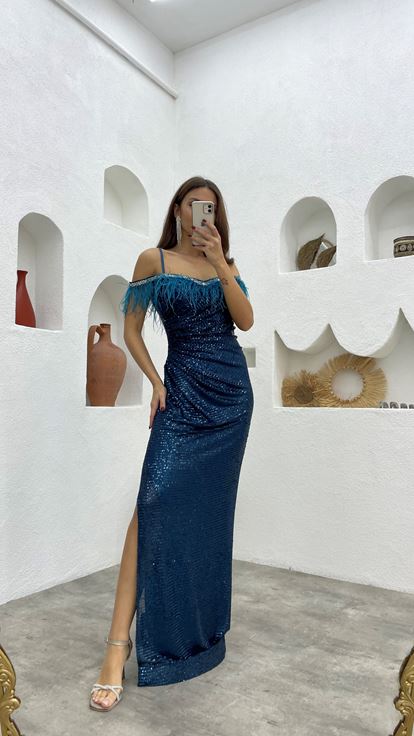 Turquoise Rope Strap Feather Detail Sequin Sequin Evening Dress
