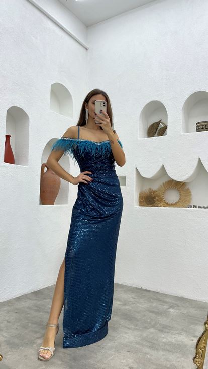 Turquoise Rope Strap Feather Detail Sequin Sequin Evening Dress