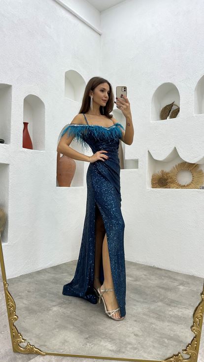 Turquoise Rope Strap Feather Detail Sequin Sequin Evening Dress