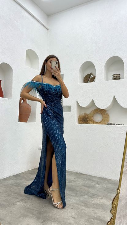 Turquoise Rope Strap Feather Detail Sequin Sequin Evening Dress