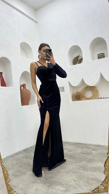 Black Single Sleeve Button Detailed Belt Velvet Evening Dress