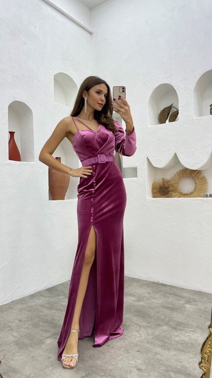 Pembe Tek Kol Düğmeli Kemerli Kadife Abiye Elbise