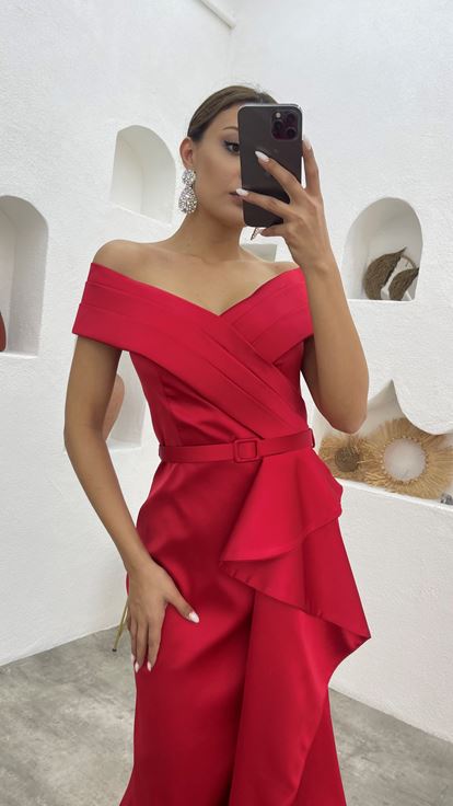 Red Draped Flounce Belt Detail Satin Evening Dress