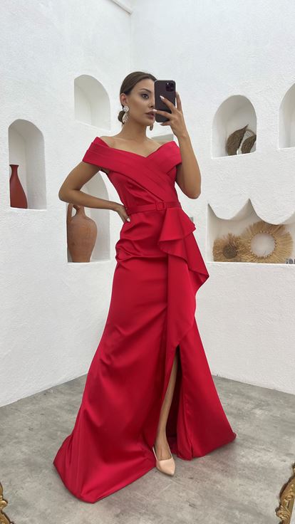 Red Draped Flounce Belt Detail Satin Evening Dress