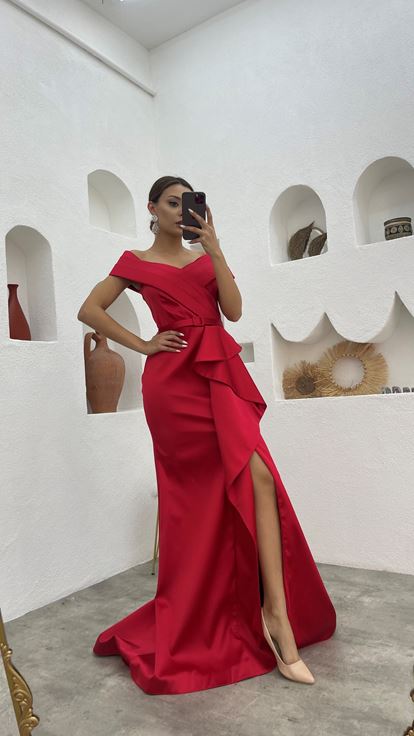 Red Draped Flounce Belt Detail Satin Evening Dress