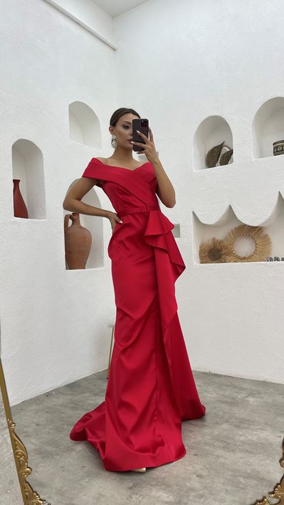 Red Draped Flounce Belt Detail Satin Evening Dress
