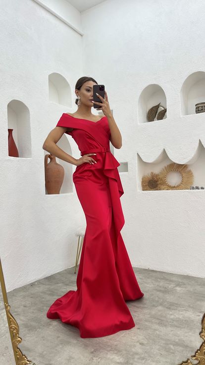 Red Draped Flounce Belt Detail Satin Evening Dress