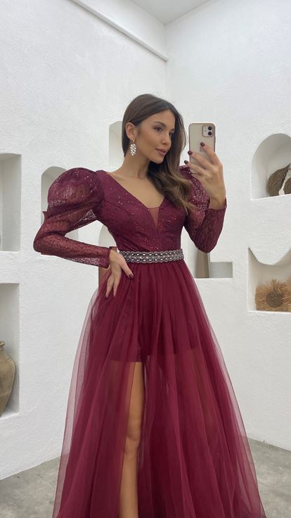 Bordo Simli Kemer Detay Tasarım Tül Abiye Elbise