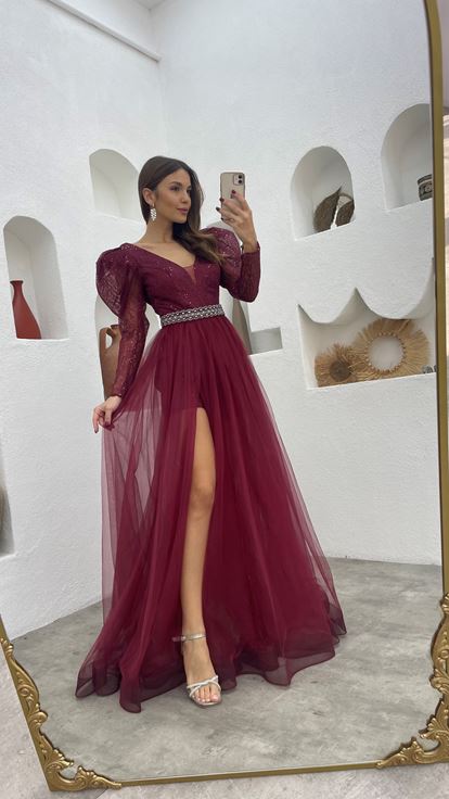 Bordo Simli Kemer Detay Tasarım Tül Abiye Elbise