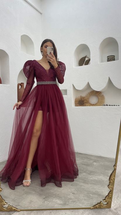 Bordo Simli Kemer Detay Tasarım Tül Abiye Elbise