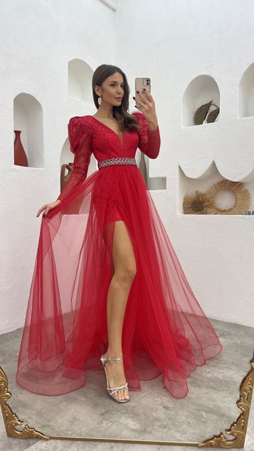 Abito Da Sera İn Tulle Ad Arco Argento Rosso